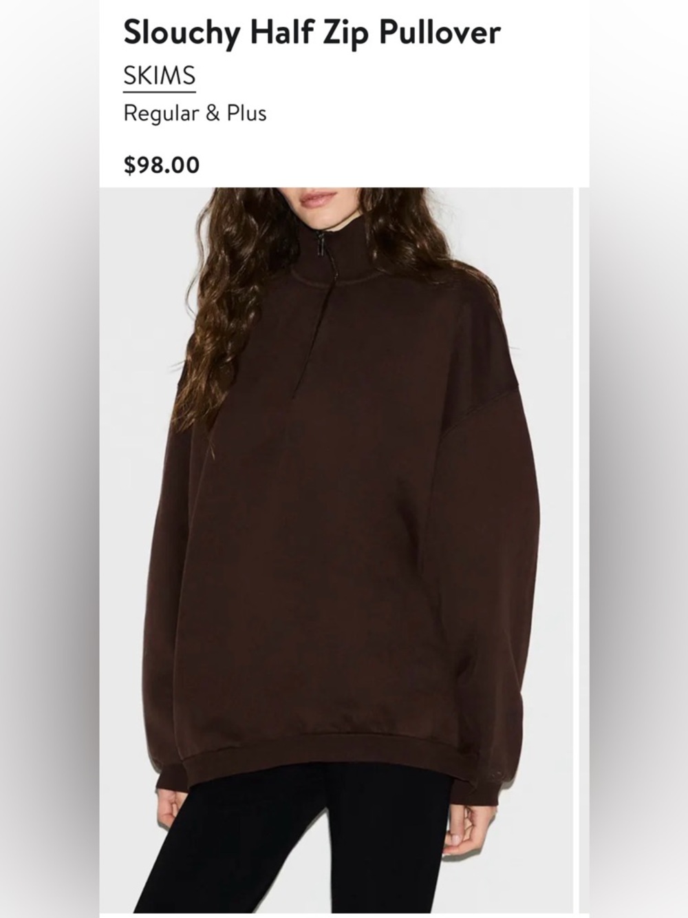 SKIMS Slouchy Half Zip Pullover in Espresso size Medium